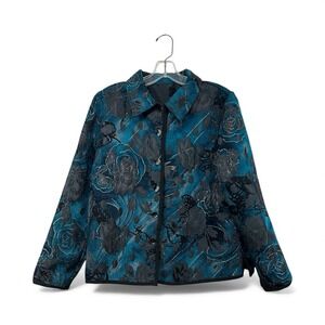 Women Reversible Floral Quilted Jacket Sz M Teal Black Rose Brocade Dark Romance